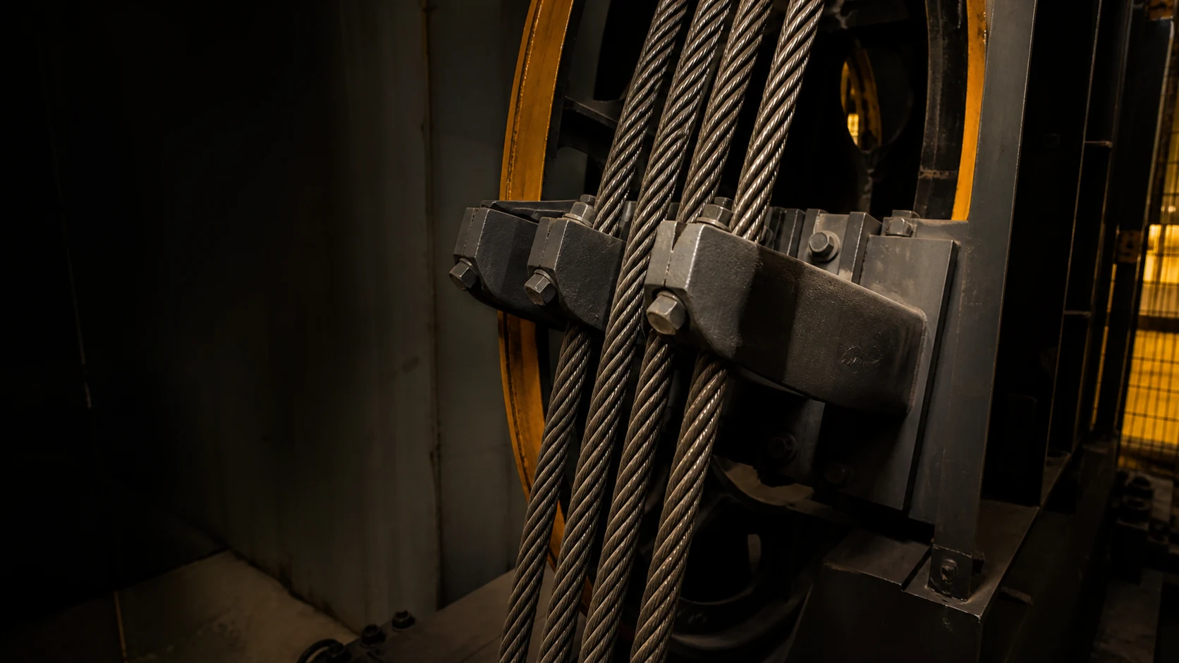 Detalle de cables de izaje y componentes de tracción de un ascensor